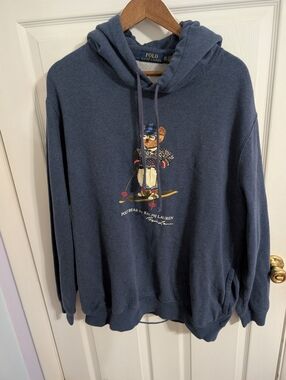 Polo Ralph Lauren Mens Hoodie XL Blue Polo Bear Ski Pullover Graphic Sweatshirt